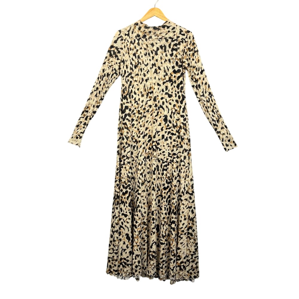 Resa Dress Womens L Leopard Print Mesh Long Sleeve Maxi Tiered 90s Indie Sleaze